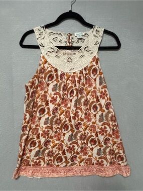 Sundance Cream Crochet Yoke Floral Camisole with Rust & Blush Print